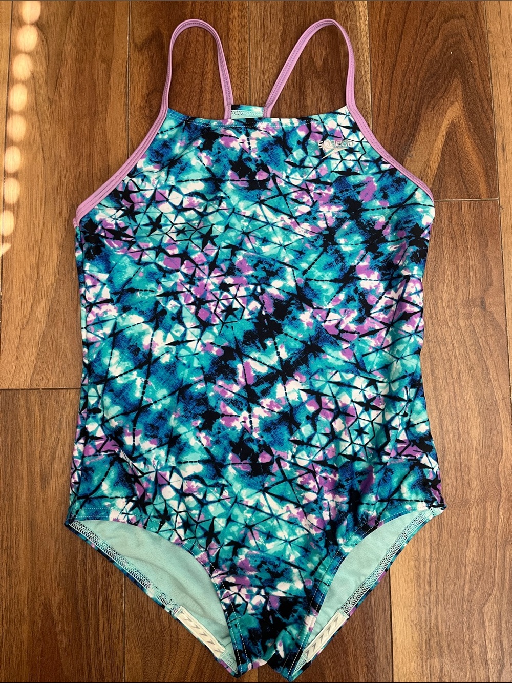 Speedo Girls' One-Piece Swimsuit - Blue, Teal, Purple with Pink Trim Size 14